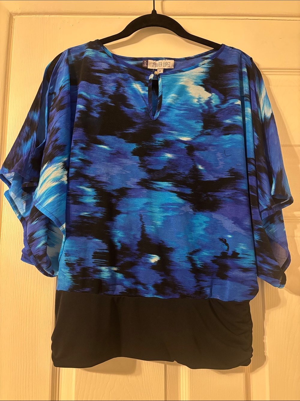 Jennifer Lopez Blue & Black Abstract Overlay Blouse